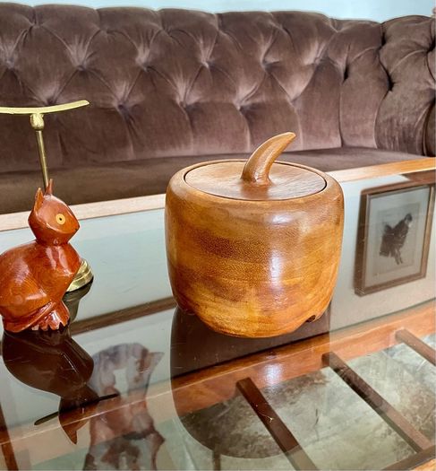 Vintage Apple Shaped Wood Jar Container Round Wooden Box 1960s 70s