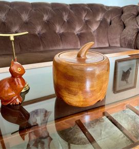 Vintage Apple Shaped Wood Jar Container Round Wooden Box 1960s 70s