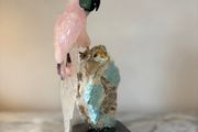 Hand-Carved Rose Quartz Parrot on Raw Amazonite &amp; Crystal Matrix Base