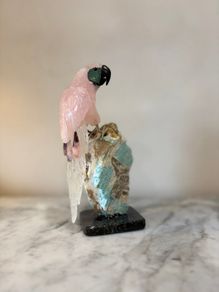 Hand-Carved Rose Quartz Parrot on Raw Amazonite & Crystal Matrix Base