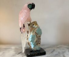 Hand-Carved Rose Quartz Parrot on Raw Amazonite & Crystal Matrix Base
