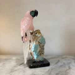 Hand-Carved Rose Quartz Parrot on Raw Amazonite & Crystal Matrix Base
