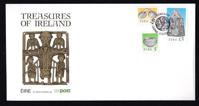 1991 Ireland Seventh Definitive Series Treasures of Ireland (5p, 20p and IR5) An Post First Day Cover (FDC) with Corcaigh (Cork) Pictorial Cancel