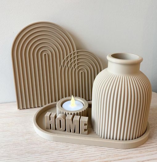 Modern 3D Printed Ribbed Home Decor Set - Minimalist Vase & Planter