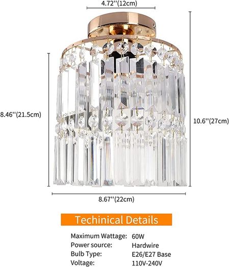 Light Fittings Ceilings - Gold Chandelier Crystal Light, Semi-Flush Ceiling Lights for Bedroom, Living Room, and Hallway Lighting Fit for E27 Base (FREE POSTAGE)