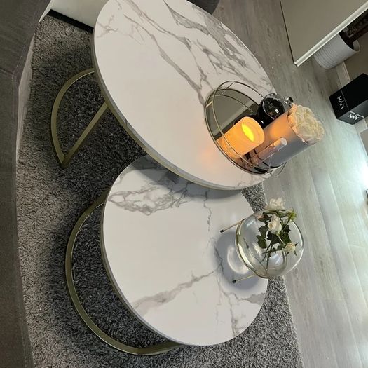 2 in 1 Marble Texture Coffee Table For Living Room Sofa Side Round
