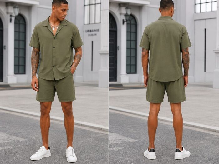 Urbanie Men's Summer Set  Short Sleeve Shirt & Shorts (Khaki)