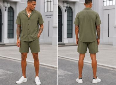Urbanie Men's Summer Set  Short Sleeve Shirt & Shorts (Khaki)