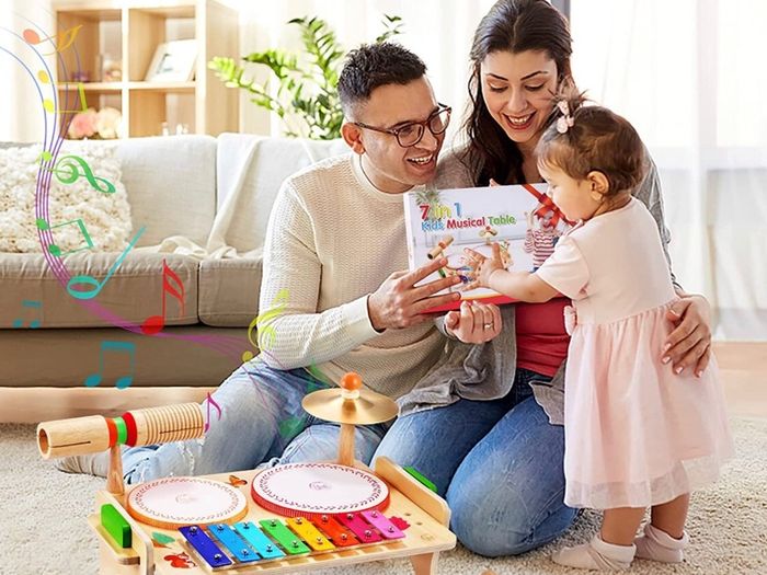Kids Drum Set, Baby Musical Instruments Toys for Toddlers, 7 in 1 Wooden Xylophone Toddler Drum Set Percussion Instruments Musical Toys Birthday Gifts for Children Boys and Girls