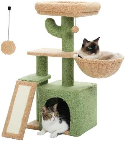 Road Cactus Cat Tree With Scratching Pad and Hammock Cat Tower With Condo, Small Cat Tower Comfy Basket For Indoor Cats, 80cm Green