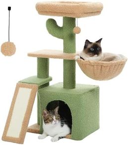 Road Cactus Cat Tree With Scratching Pad and Hammock Cat Tower With Condo, Small Cat Tower Comfy Basket For Indoor Cats, 80cm Green