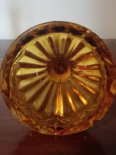 Pair of Vintage Amber Glass Candlestick Holder with Cut Glass Design.