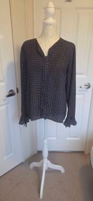 Orsay Navy Polka Dot Blouse Size 40 UK 12 Frill Sleeve Smart Casual Top