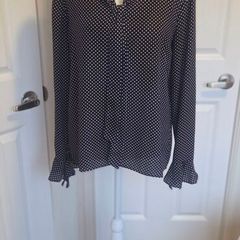 Orsay Navy Polka Dot Blouse Size 40 UK 12 Frill Sleeve Smart Casual Top
