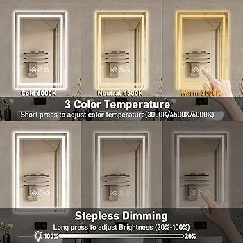 LED Bathroom Wall Mirror with LED Lights  Anti-Fog Vanity Mirror, 3-Color Dimmable Frontlit Illumination for Makeup, Wall Mounted Bathroom Lighting