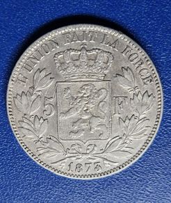 1873 Belgium 5 Francs - Leopold II  Silver coin