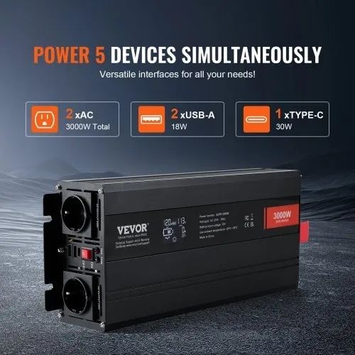 Pure Sine Wave Inverter, 3000 Watt, DC 12V to AC 230V Power Inverter with 2 AC Outlets 2 USB Port 1 Type-C Port, LCD Display and Remote Controller for Large Home Appliances, CE FCC Certified