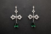 Vintage Style Crucifix Cross Emerald Crystal Drop Silver Earrings