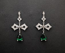 Vintage Style Crucifix Cross Emerald Crystal Drop Silver Earrings