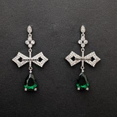 Vintage Style Crucifix Cross Emerald Crystal Drop Silver Earrings