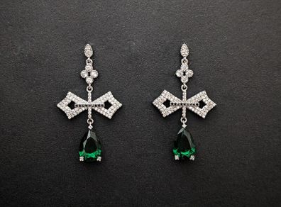 Vintage Style Crucifix Cross Emerald Crystal Drop Silver Earrings