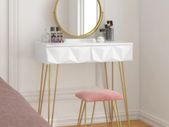 With Mirror and  Velvet Stool Makeup Cosmetic Vanity Table with 2 Drawers 3D Effect Bedroom