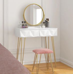 With Mirror and  Velvet Stool Makeup Cosmetic Vanity Table with 2 Drawers 3D Effect Bedroom