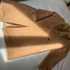 Stunning Monsoon London camel tan wool coat with faux fur collar Size 12