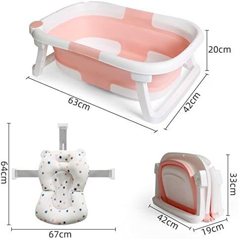 Baby Bath Tub Foldable Bathtub, Newborn Baby Plastic Bathtub with cushion pad Foldable Anti-Slip legs Collapsible tub for Toddler Baby kids Bathing