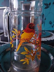 French Mid Century Modern Glass Jug Kitsch Birds Retro