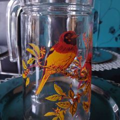 French Mid Century Modern Glass Jug Kitsch Birds Retro