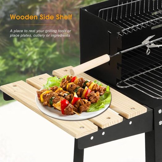 Trolley Barbecue with Warming Rack & Rotisserie Spit for Outdoor Garden Camping Patio