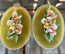 Vintage Pair Genuine Capo di monte 3D Porcelain Floral Wall Plaques with Label