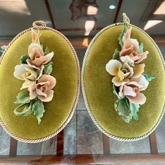 Vintage Pair Genuine Capo di monte 3D Porcelain Floral Wall Plaques with Label