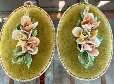 Vintage Pair Genuine Capo di monte 3D Porcelain Floral Wall Plaques with Label