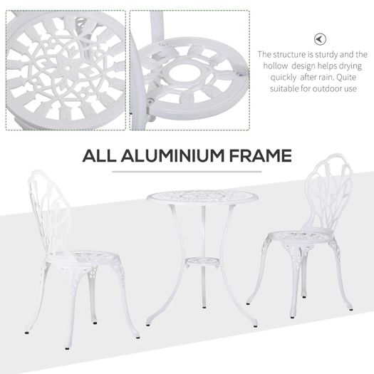 3 Piece Patio Bistro Set for 2, Outdoor Aluminium Garden Table and Chairs with Umbrella Hole for Balcony, White