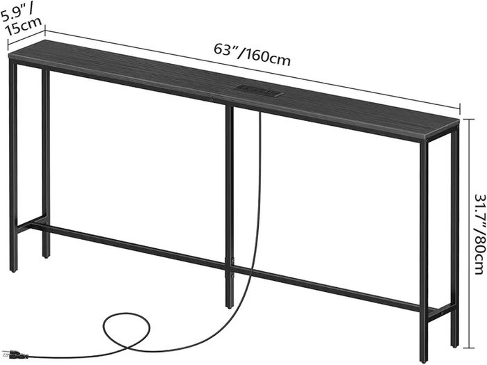 Skinny Console Table with Power Outlets, 160 cm Narrow Sofa Table, Behind Couch Table with Charging Station for Plants, Living Room, Black