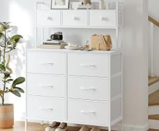 Chest of Drawers, 9-Drawer Bedroom Cabinet with Handles, Wood Top, Metal Frame, Tall Storage Unit Dressing Table for Bedroom, Living Room, White