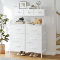 Chest of Drawers, 9-Drawer Bedroom Cabinet with Handles, Wood Top, Metal Frame, Tall Storage Unit Dressing Table for Bedroom, Living Room, White