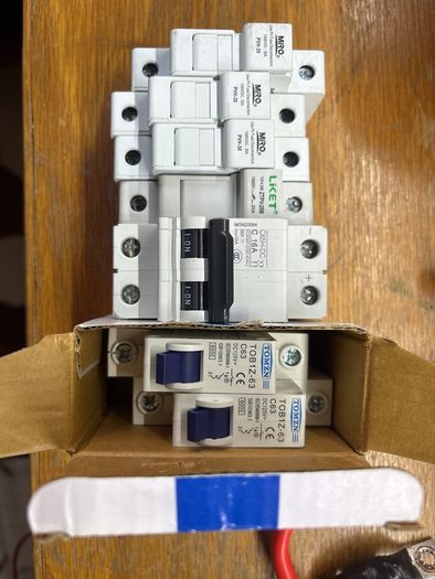 DC fuse holders for solar system and DC circuit breakers 16A and 63A. All new