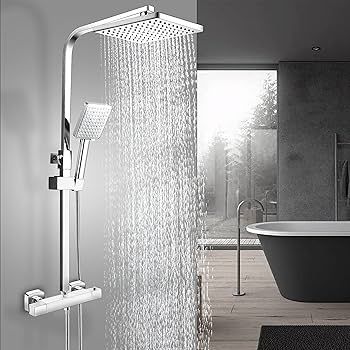 Shower System Thermostatic Set, Chrome Shower Riser Rail with Adjustable Rainfall Shower, Scalding Protection Bath Tap, Anti-Kink Bath Hose (Square, Chrome)