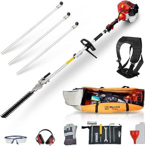 BU-KO 52cc Long Reach Petrol Hedge Trimmer and 3x 75cm Extension Pole w/Toolbag for Convenient Storage, Precision Trimming for Tall Hedges & Bushes, Easy to Use, High Performance, Durable Steel Blade