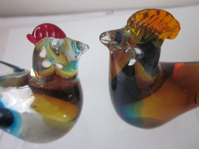Pair of Hand Blown Multicoloured Art Glass Rooster Figurines