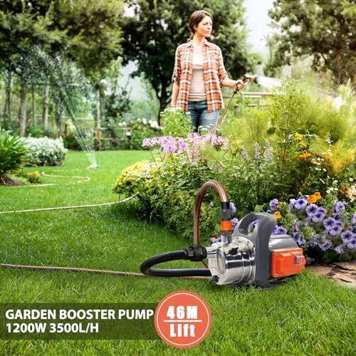 1200W Portable Garden Booster Jet Pump, 3500L/H Stainless Steel Pressure Pump, Max Water Lift 46m, 4.6 bar