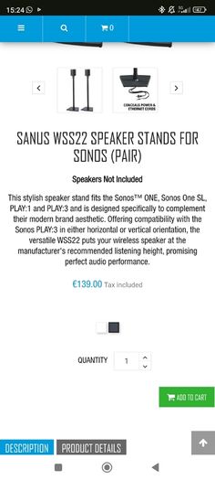 2 x Sonos Play 1 Wireless Speaker Black Wifi Pair play Great Condition Play 1 + 2 x Sanus WSS22 Speaker Stands