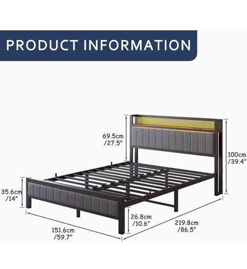 5ft Upholstered Bed Frame Kingsize with Charging Station/USB Ports and LED Lights