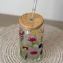 Hand-Painted Floral Glass Cup with Bamboo Lid and Straw Image 2