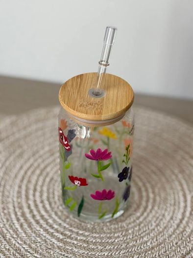 Hand-Painted Floral Glass Cup with Bamboo Lid and Straw