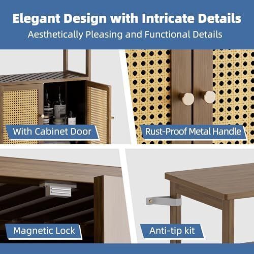Rattan Bathroom Floor Cabinet, Bamboo Storage Cupboard with 2 Doors, Freestanding Living Room Sideboard, Space Saving Entryway Storage Unit, Walnut