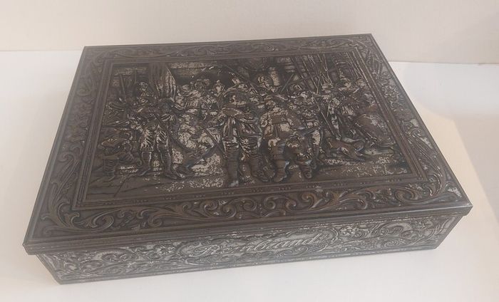 Fabulous Rembrandt's The Night Watch Vintage Hinged Biscuit Tin with a Raised Relief Reproduction of the Famous Painting, Attributed to the Victoria Biscuit Company of Holland